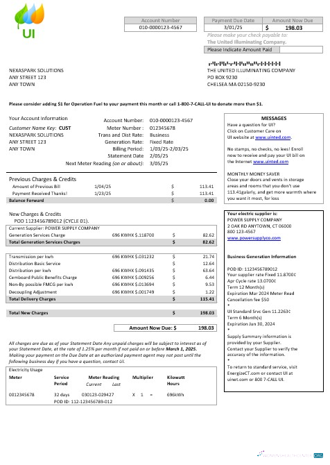 USA Massachusetts Chelsea UI The United Illuminating Company business utility bill Word and PDF template